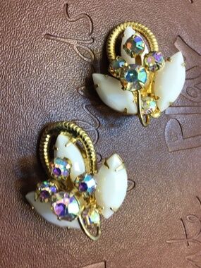 JULIANA D&E Gold Tone White Milk Glass Navettes and AB Rhinestones Clip Earrings